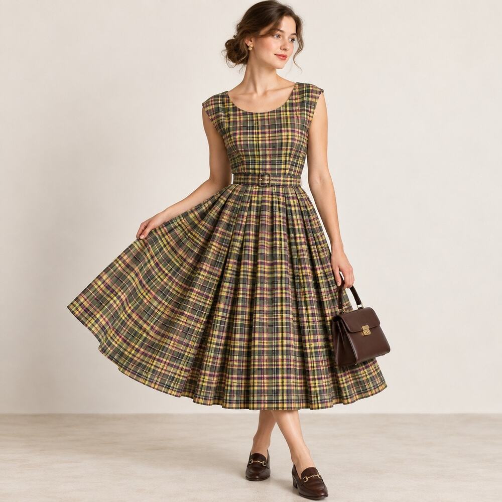 Vintage 1950s Plaid Full Circle Dress Pleated Skirt Matching Belt XXS
